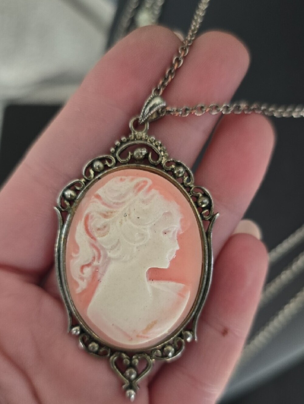 Pink Cameo Pendant Necklace with Ornate Silver Frame - Picture 6 of 11
